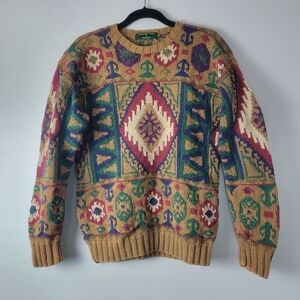 Vintage Embassy Row Sweater Medium Brown Colorful Cotton Knit Style Long Sleeve